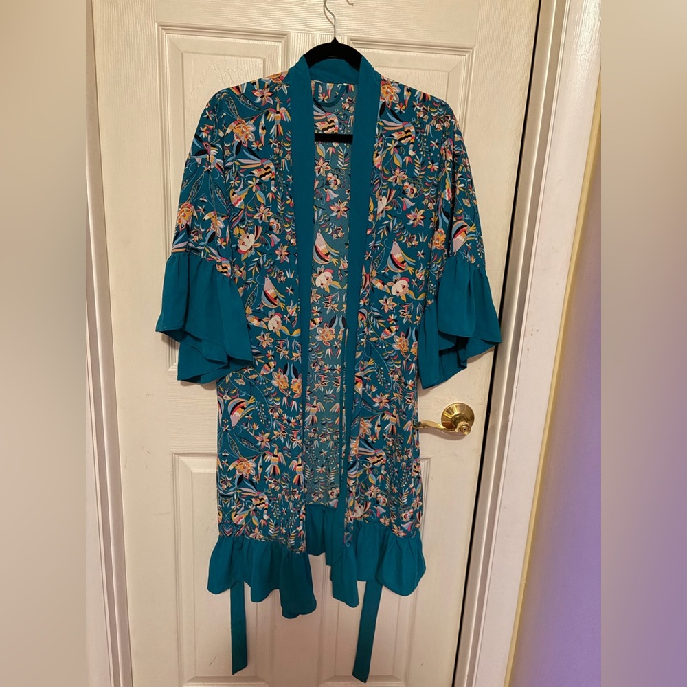 Source Unknown Teal Floral Kimono Top